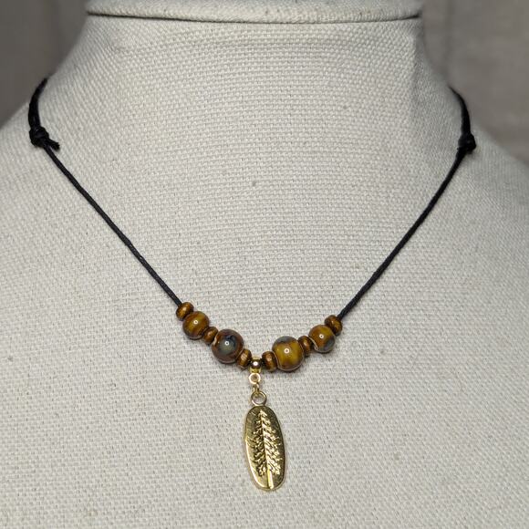 Pine Tree Charm Stainless Steel Ceramic Beaded Brown Gold Hippie Choker Necklace - Picture 5 of 6